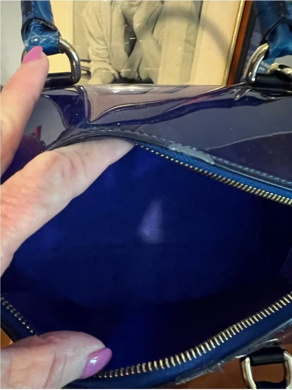 Furla Patent Dome Satchel in Deep Blue with Teal Trim